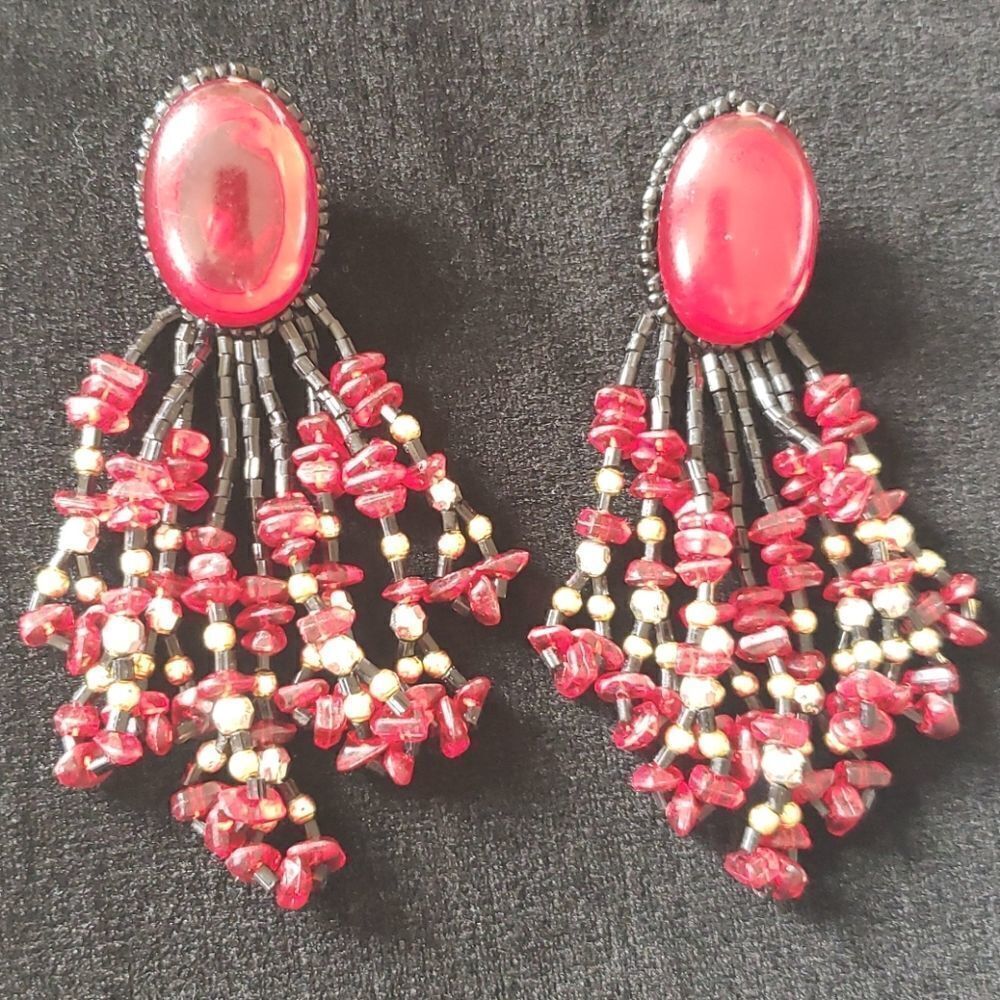 Western Fringe Red n Black Studded Earrings